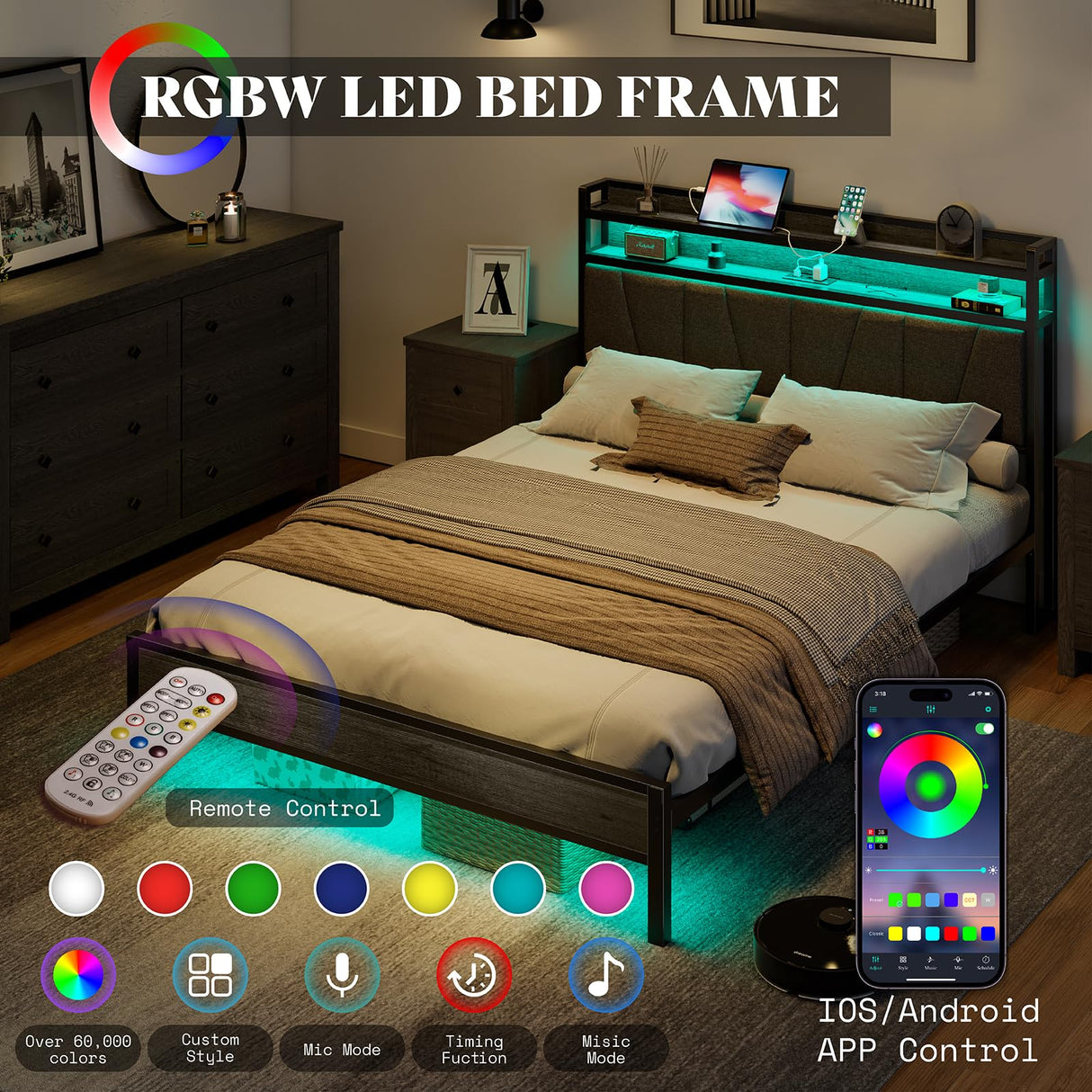AMERLIFE Queen Size Bed Frame with RGB Lights & Charging Station, LED Bed Frame with Storage Headboard Linen Upholstered, Heavy Duty Metal Slats, No Box Spring Needed, Rustic Grey AMERLIFE