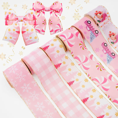 KINGLAKE Christmas Ribbon Wired 2.5 Inch Pink Christmas Wired Edge Ribbon,30 Yards Christmas Tree Ribbon Santa Snowflake Candy Cane Plaid Ribbon for Bow Wreaths Gift Wrapping Xmas Decorations Crafts