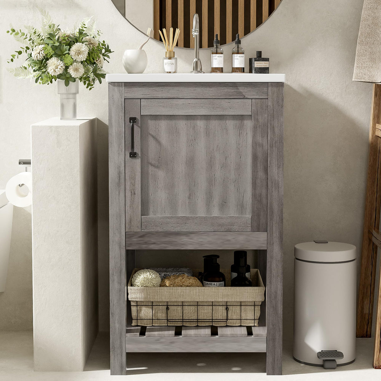 Merax 16" Farmhouse Bathroom Vanity with Sink, Freestanding Small Bathroom Vanity Storage Cabinet with Open Shelf, Solid Wood Frame, Ceramic Sink Merax