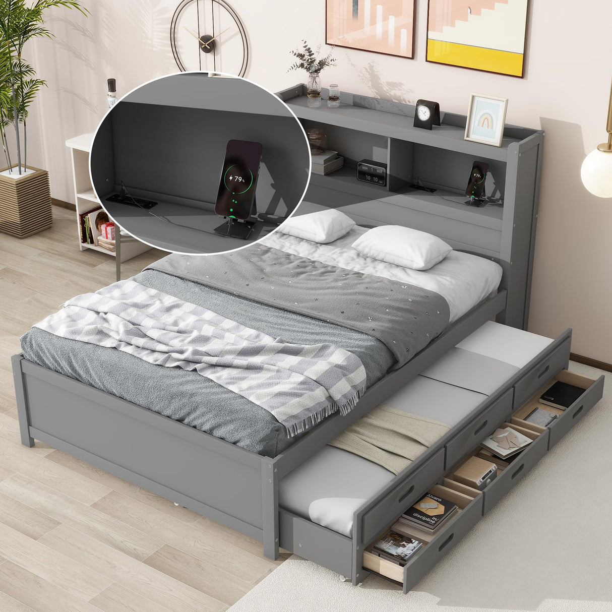 Harper & Bright Designs Full Size Platform Bed with Trundle, Drawers and Bookcase Headboard with USB Plugs, Hardwood Full Size Bed Frame, No Box Spring Needed - Gray Harper & Bright Designs