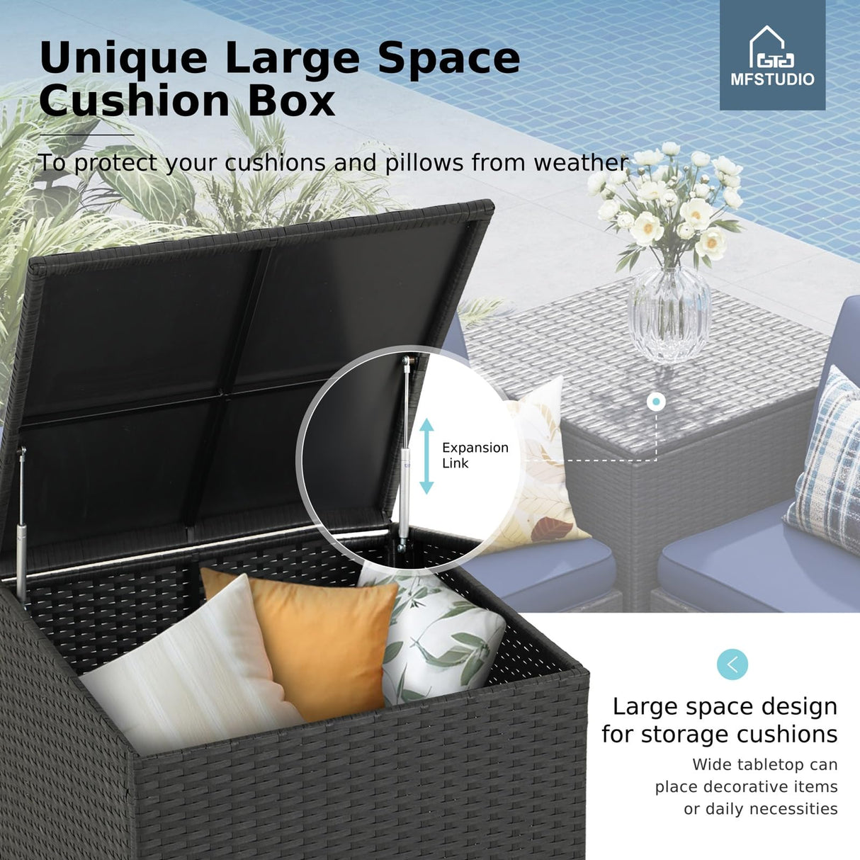 MFSTUDIO 4 Piece Wicker Patio Furniture Set, L Shaped Small Rattan Patio Sectional Sofa Couch Outdoor Conversation Sets with Navy Blue Cushions, Storage Box, Glass Coffee Table for Garden, Backyard MFSTUDIO