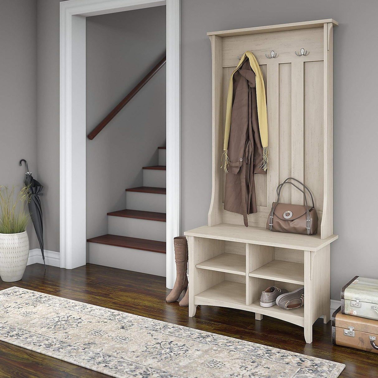 Bush Furniture Salinas Hall Tree with Storage Bench in Antique White Bush Business Furniture