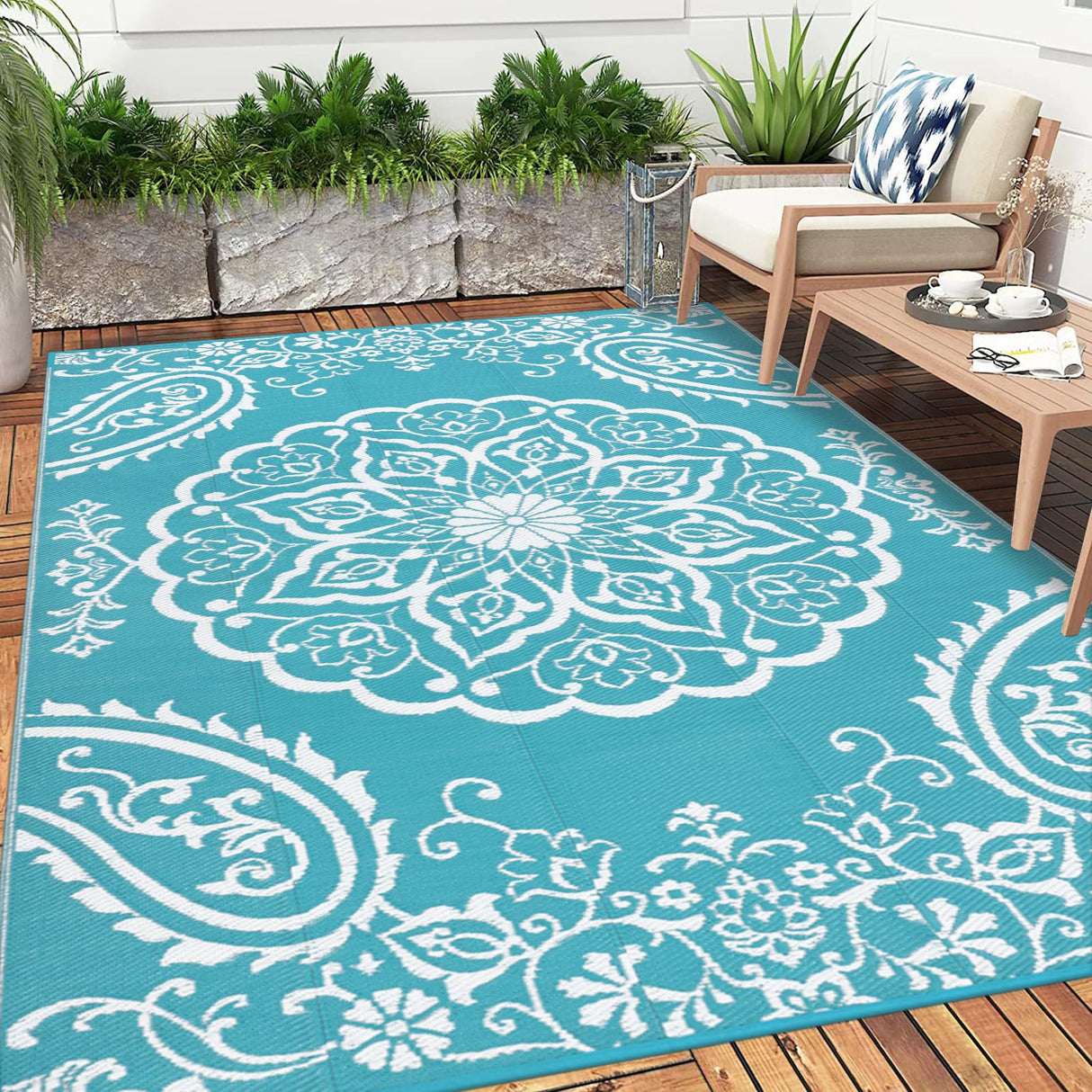 Pauwer Waterproof Outdoor Rug 5x8, Reversible Plastic Straw Patio Camping Rug, Indoor Outdoor RV Mat Carpet for Deck, Camper, Porch, Balcony, Backyard, Picnic, Boho Teal Pauwer