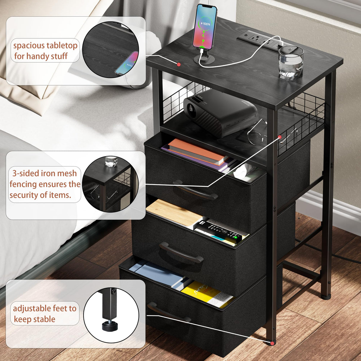 LAKEMID Night Stand Set 2 with Charging Station, End Table Set of 2 with 20 Colors LED Light Strip 3 Drawers, Side Tables Bedroom with USB Ports and Outlets for Living Room, Office (Black) LAKEMID