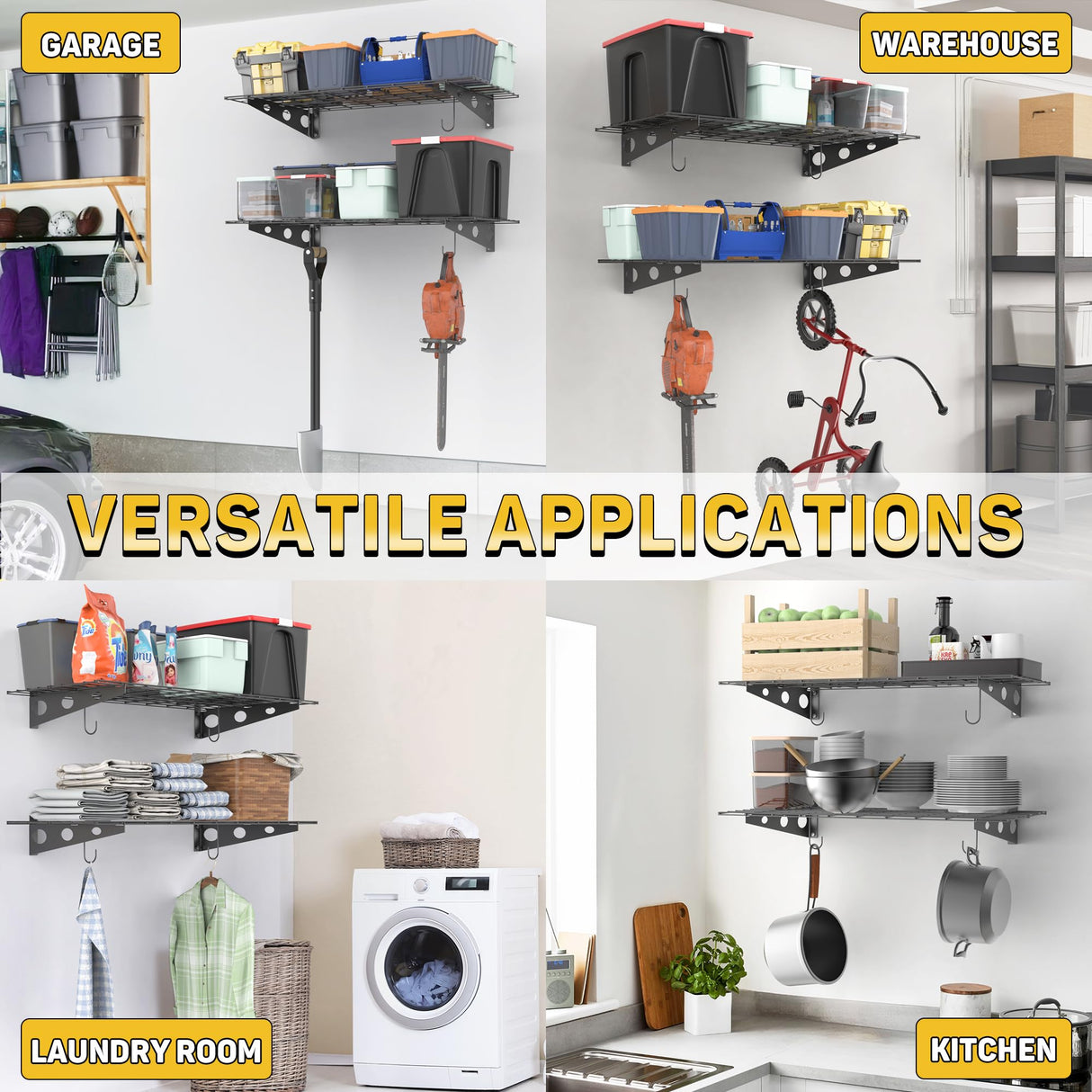 Ultrawall Garage Wall Shelves, 2 x 4 ft Wall Mounted Storage Shelves, Heavy Duty Wall Shelving with Hooks, Holds Up to 220 Lbs, 2Pack, Black Ultrawall