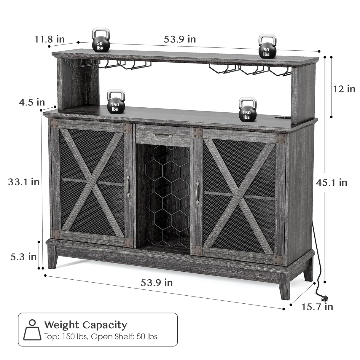 Wine Cabinet, Coffee Bar Cabinet with Storage, 54" Liquor Cabinet Bar for Home, Wine Bar Cabinet with Glass Rack, Drawer and LED Lights, Farmhouse Buffet Sideboard for Dining Room, Kitchen, Grey JOINICE