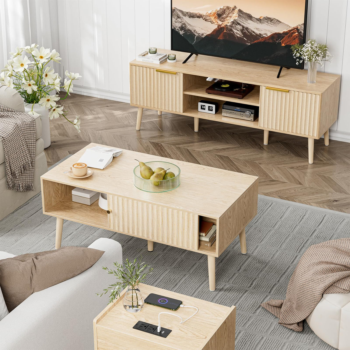 LCRBOL Coffee Table with Storage, Boho Dining Table with Sliding Fluted Door and Solid Wood Legs, Small Coffee Tables for Living Room, Oak