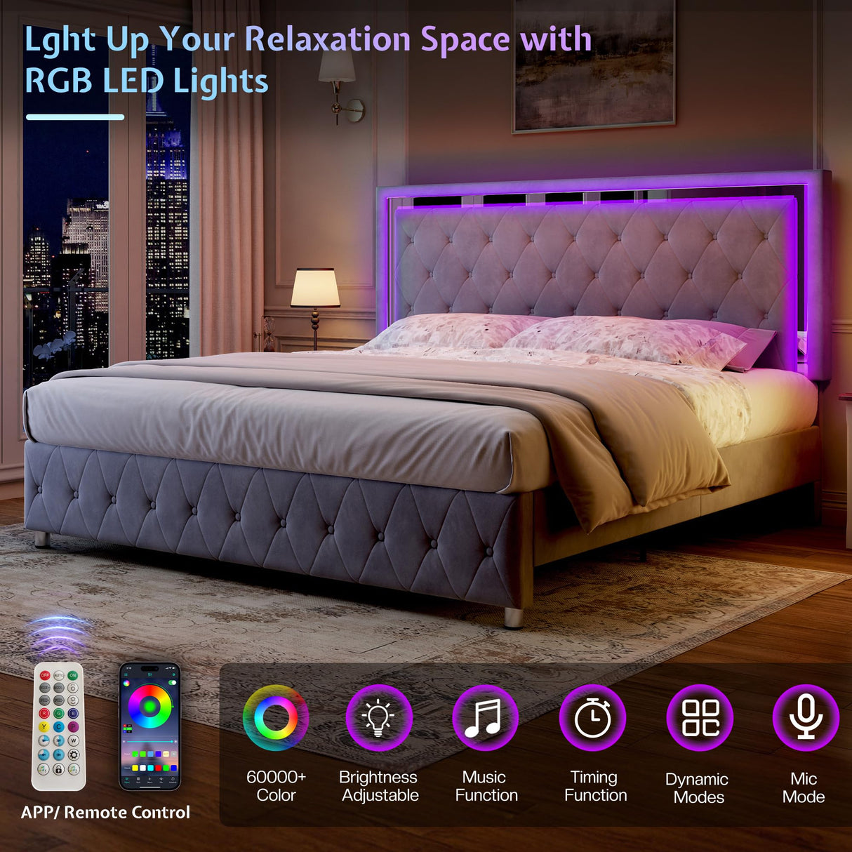 Jocisland Full Bed Frame with LED Lights Headboard&Footboard, Velvet Upholstered Full Size Platform Bed Frame No Box Spring Needed/Light Grey Jocisland