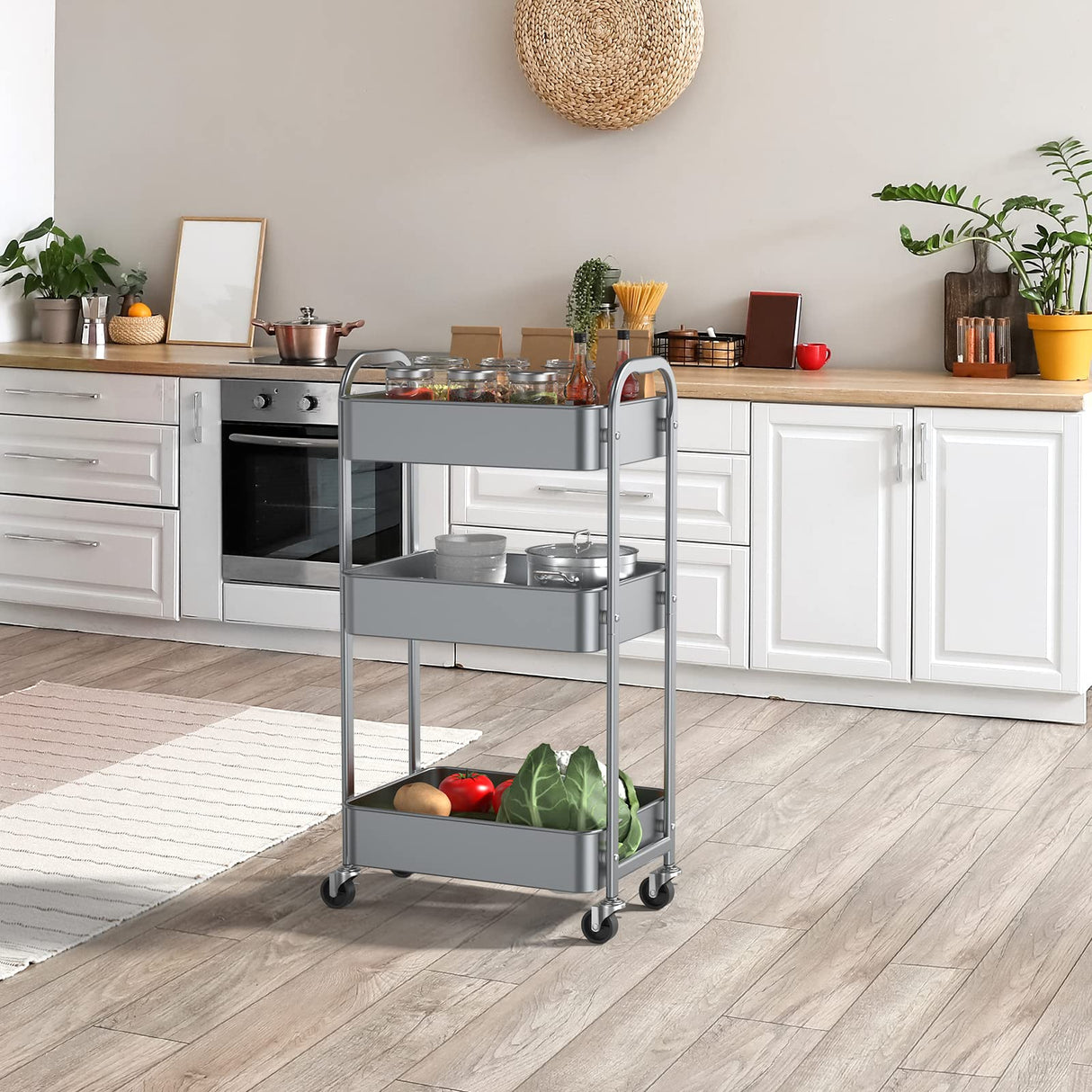 3-Tier Kitchen Cart Multifunctional Rolling Utility Cart with Lockable Wheels,Storage Craft Art Cart Trolley Organizer Serving Cart Easy Assembly for Office, Bathroom, Kitchen, Classroom(silvery-grey) MAX Houser