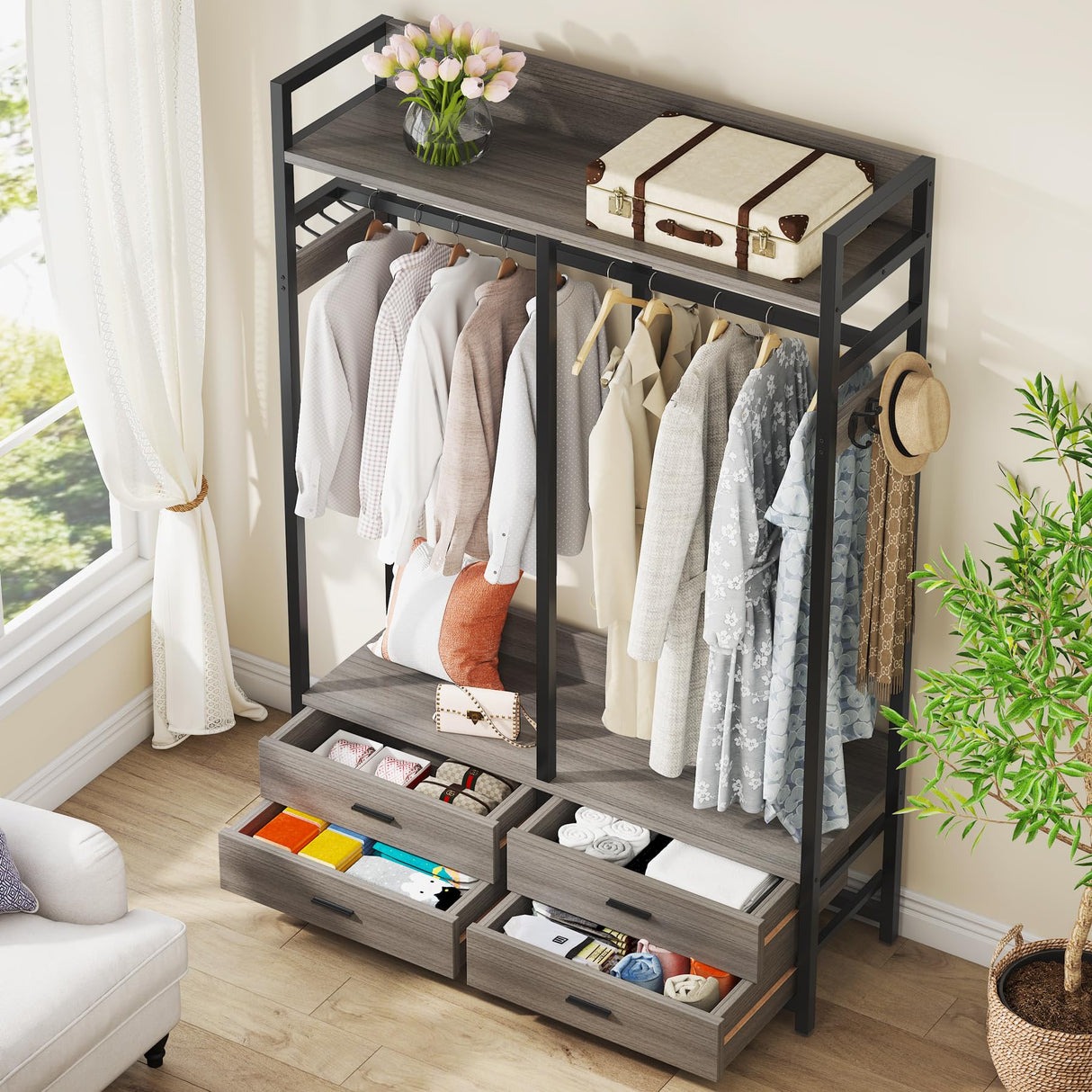 Tribesigns Freestanding Closet Organizer for Hanging Clothes, Heavy Duty Garment Rack with 4 Drawers, 8 Hooks and Storage Shelves, Wardrobe Closet Clothing Rack for Bedroom, Living Room, Grey Tribesigns