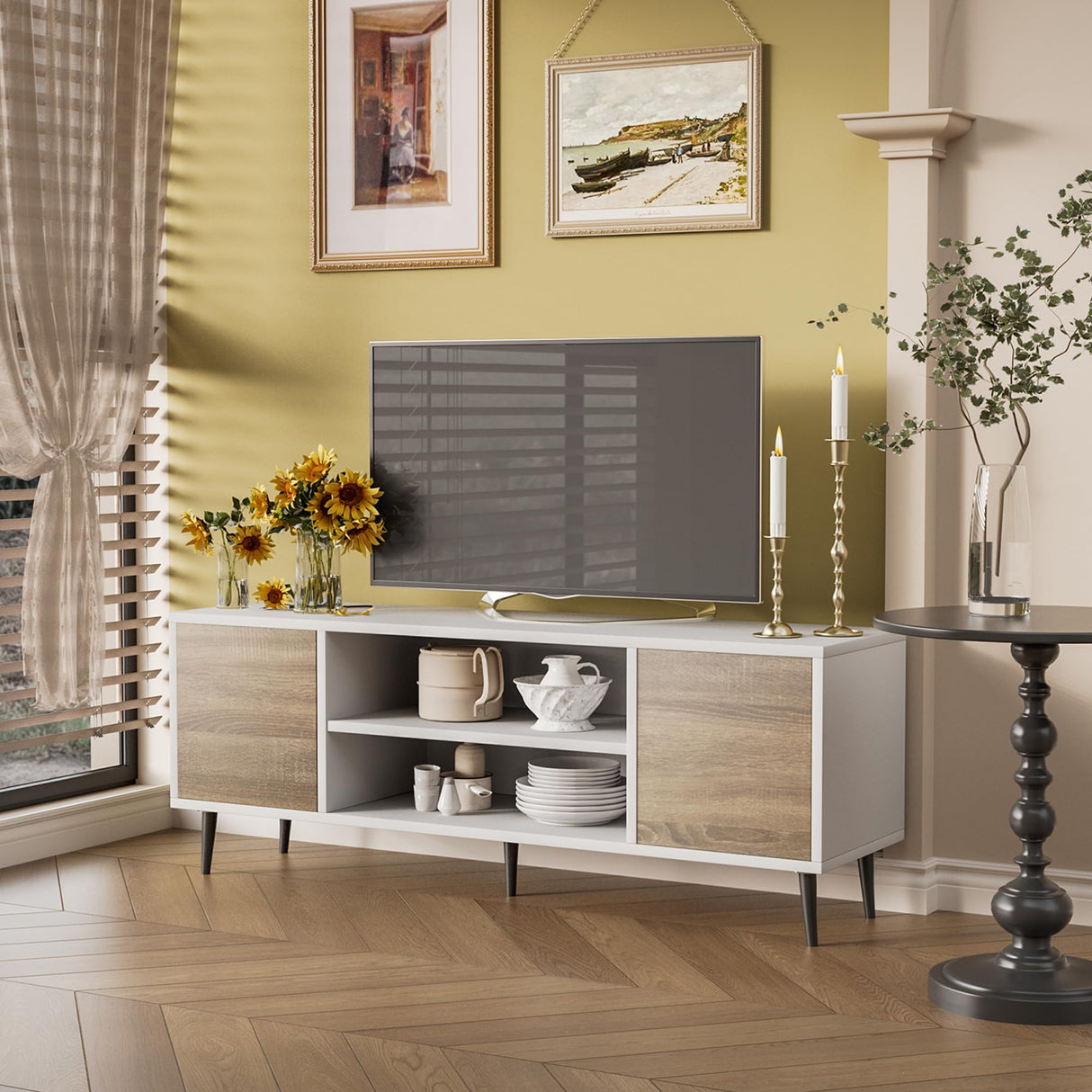 JUMMICO TV Stand for 65 Inch TV, Modern Entertainment Center with Storage Cabinet and Open Shelves, TV Console Table Media Cabinet for Living Room, Bedroom and Office (Oak) JUMMICO