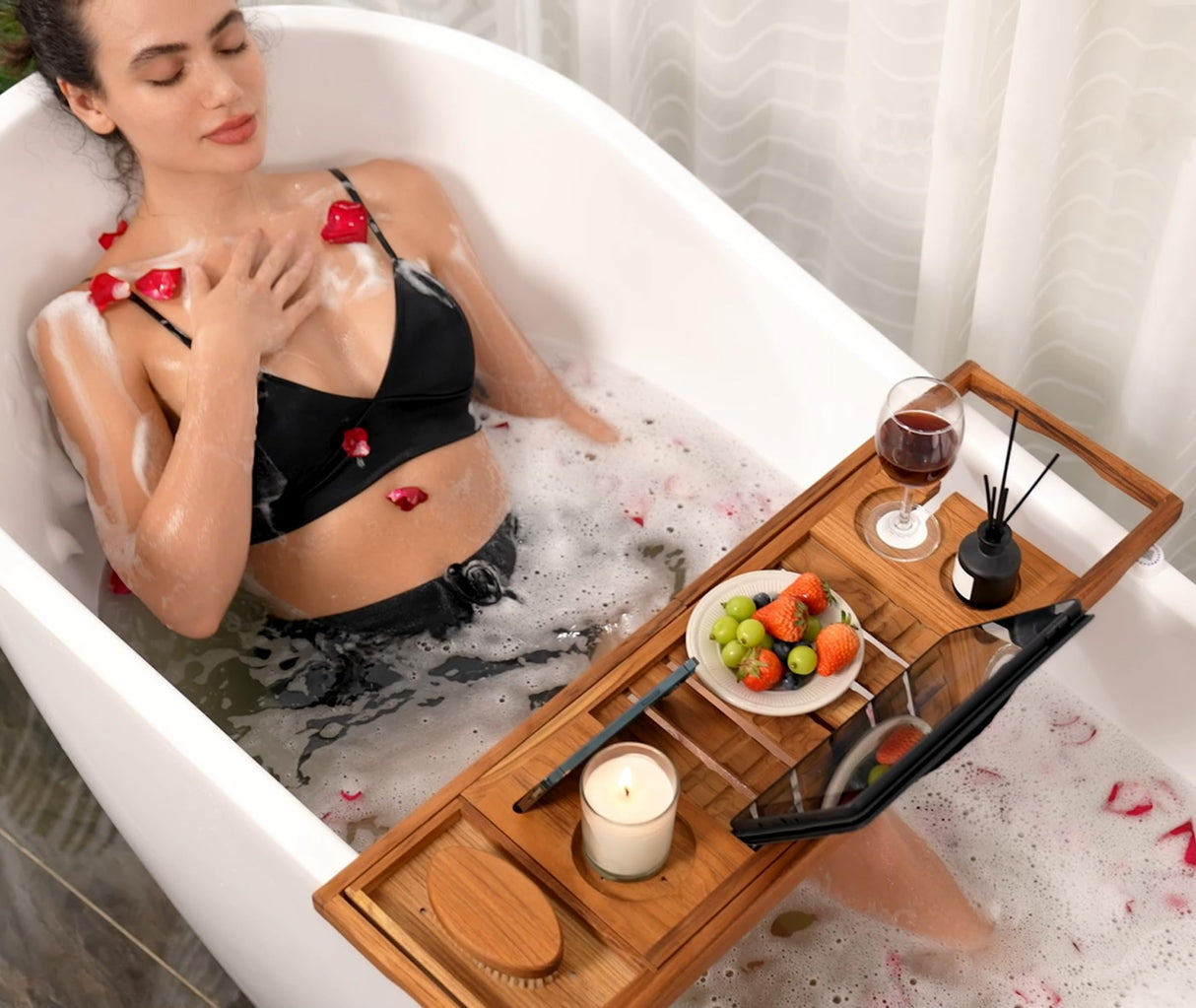 Utoplike Teak Bathtub Caddy Tray Bath Tray for Tub, Unique Bathtub Organizer with Book Tablet Wine Glass Cup Towel Holder, Adjustable, for Your Loved Utoplike