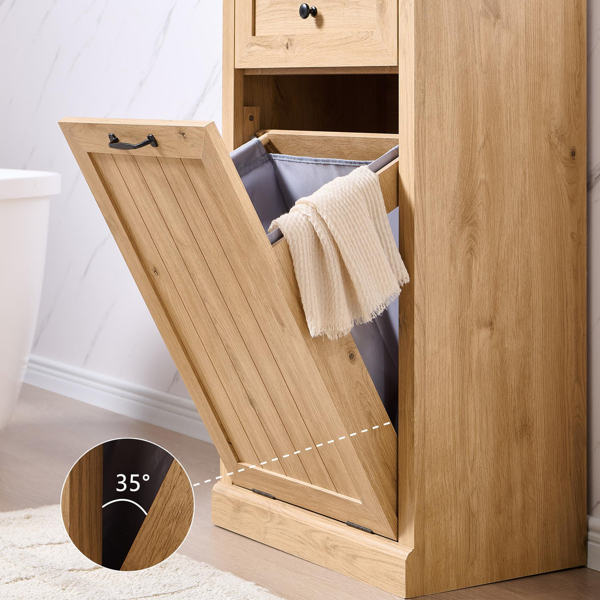 IFGET Tilt Out Trash Can Cabinet, 10 Gallon Farmhouse Laundry Hamper Cabinet with Drawer, Hidden Wooden Trash Garbage Can Bin with Storage Basket for Kitchen, Living Room (Natural) IFGET