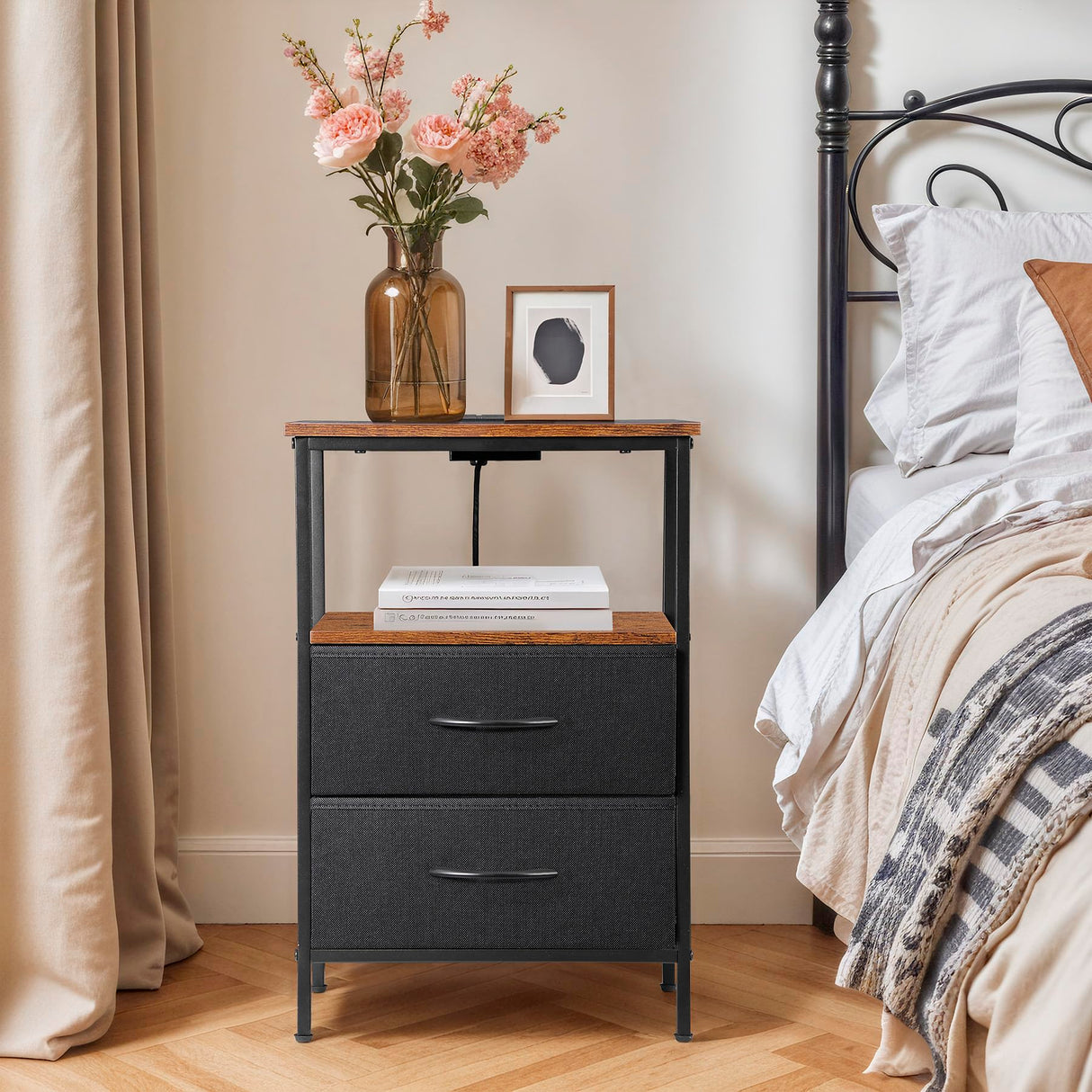 Nouva Nightstands Set of 2 with Charging Station, End Table Side Table Night Stand Bedside Table Furniture w/ 4 Fabric Drawers, USB Ports & Outlets,Metal Frame for Bedroom,Rustic Brown Nouva