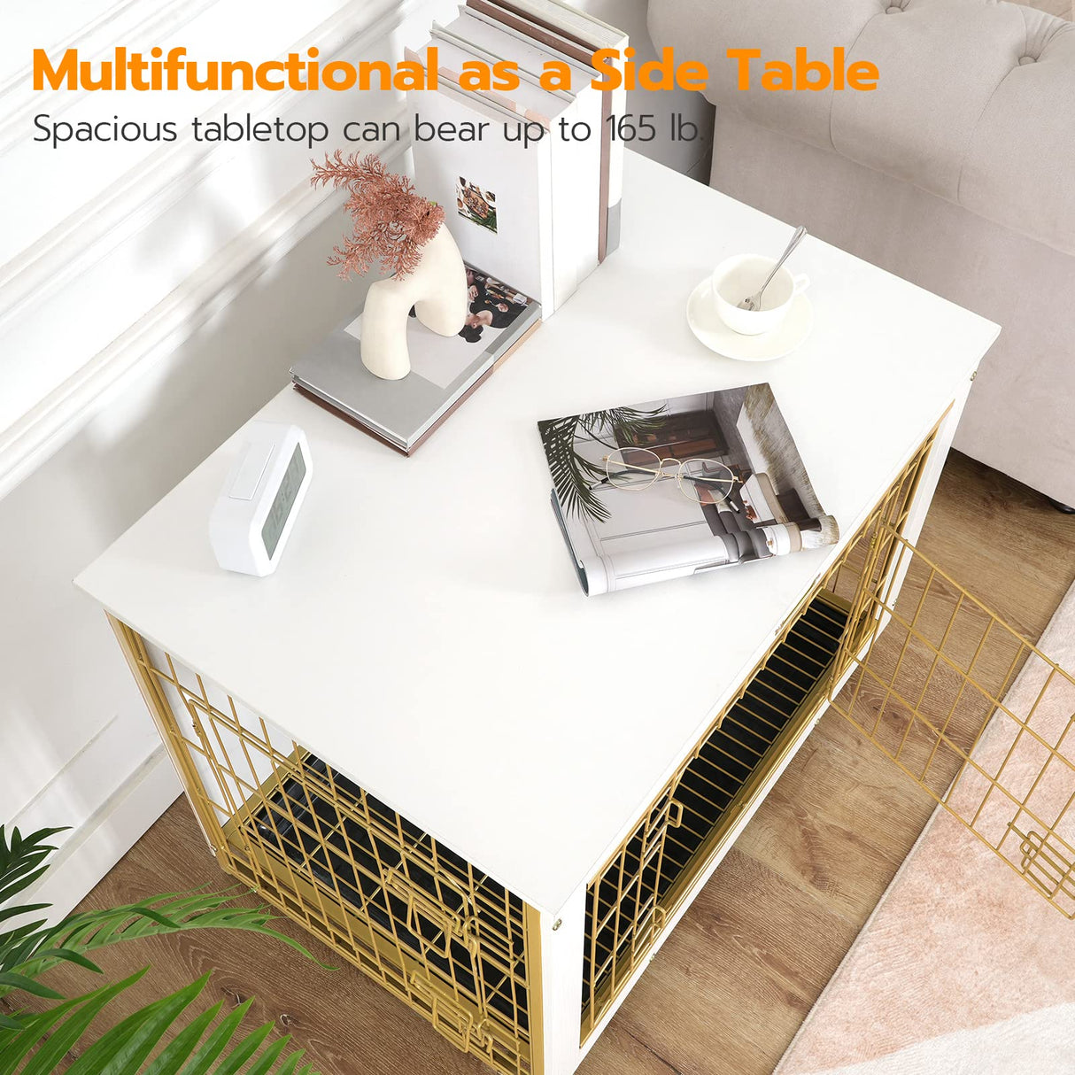 HOOBRO Dog Crate Furniture, 38.6" Large Dog Kennel Indoor, Wooden Dog Crate with Pull-Out Tray, Double Doors Dog House, Modern Side End Table for Small/Medium/Large Dog, White DW982GW03 HOOBRO