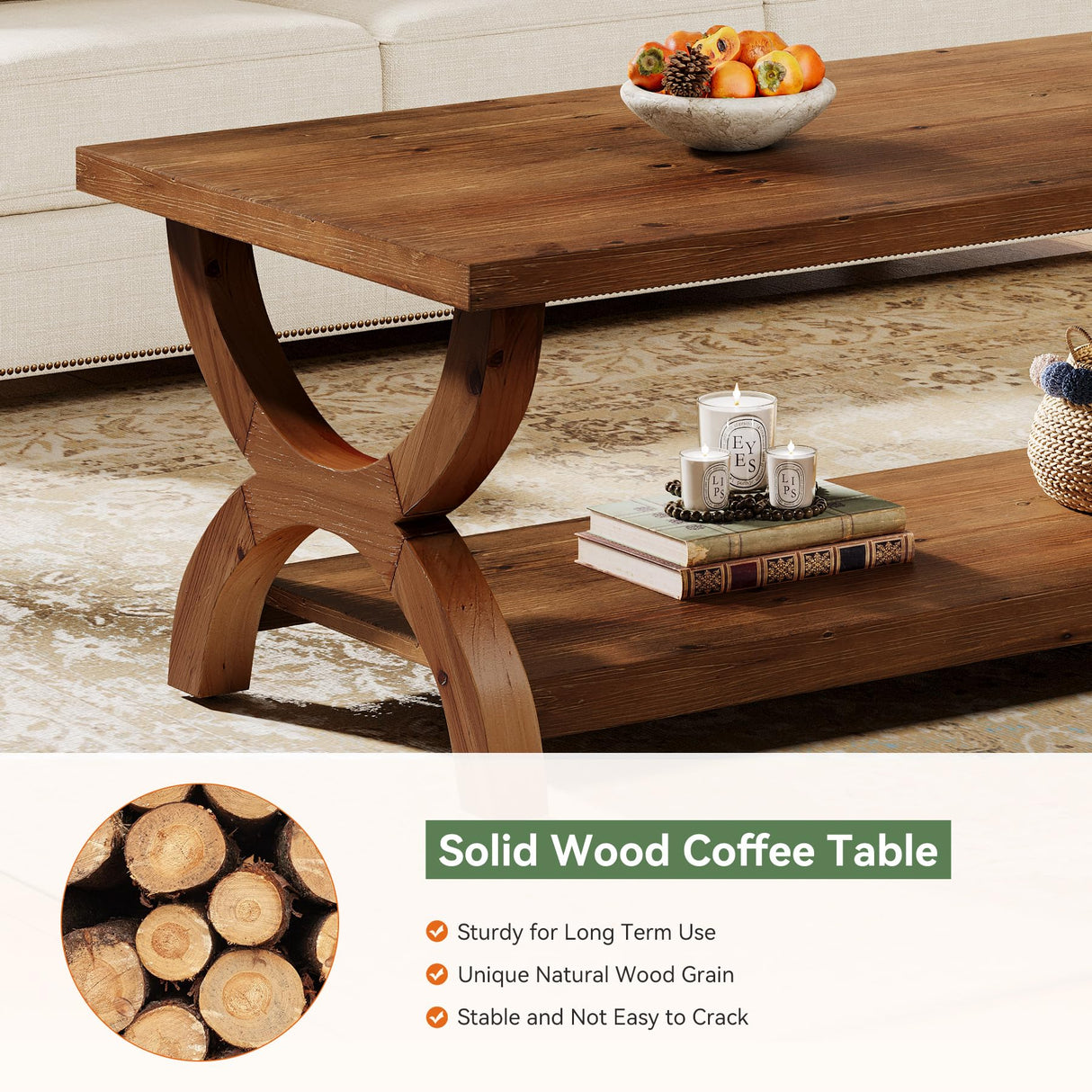 TRIBEWOOD Solid Wood Coffee Tables for Living Room, 47.2-Inch Farmhouse Rectangle Center Tea Table with Storage Shelf TRIBEWOOD