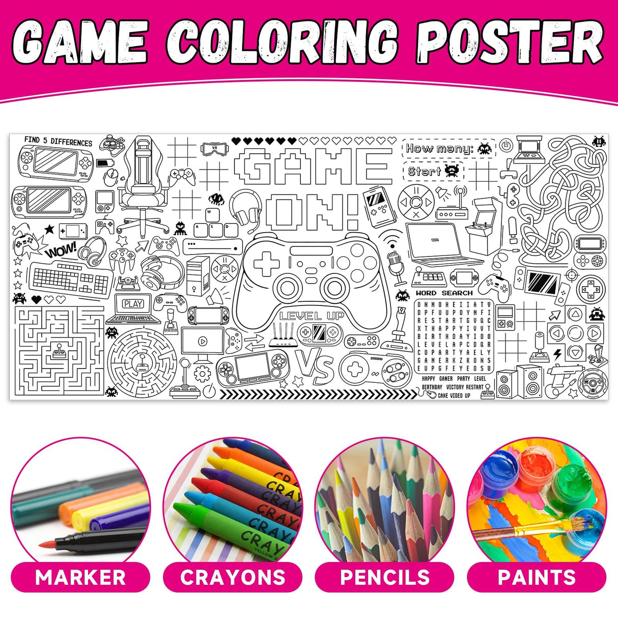 Video Game Giant Coloring Poster Large Gamer Versatile Activity Drawing Paper Coloring Tablecloth DIY Gaming Theme Game Poster Table Cover Children Art Craft Coloring Mat Home Classroom Party Suppiles Naozinebi