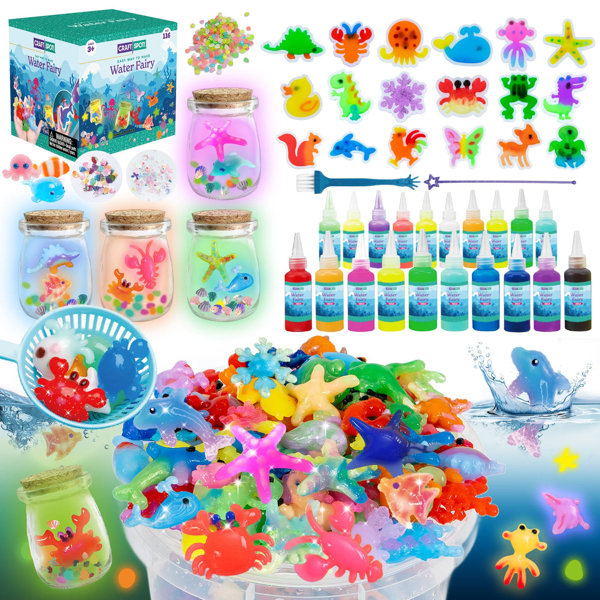 116PCS Magic Glow-in-The-Dark Gel Water Fairy Toy, Aqua DIY Elf Set with 18 Shape Molds, 100ml Gels, Water Squishy Kit, Make 150+ Water Animals,Christmas Birthday Gift, Arts Crafts STEM Kit for Kid Craft Spot!