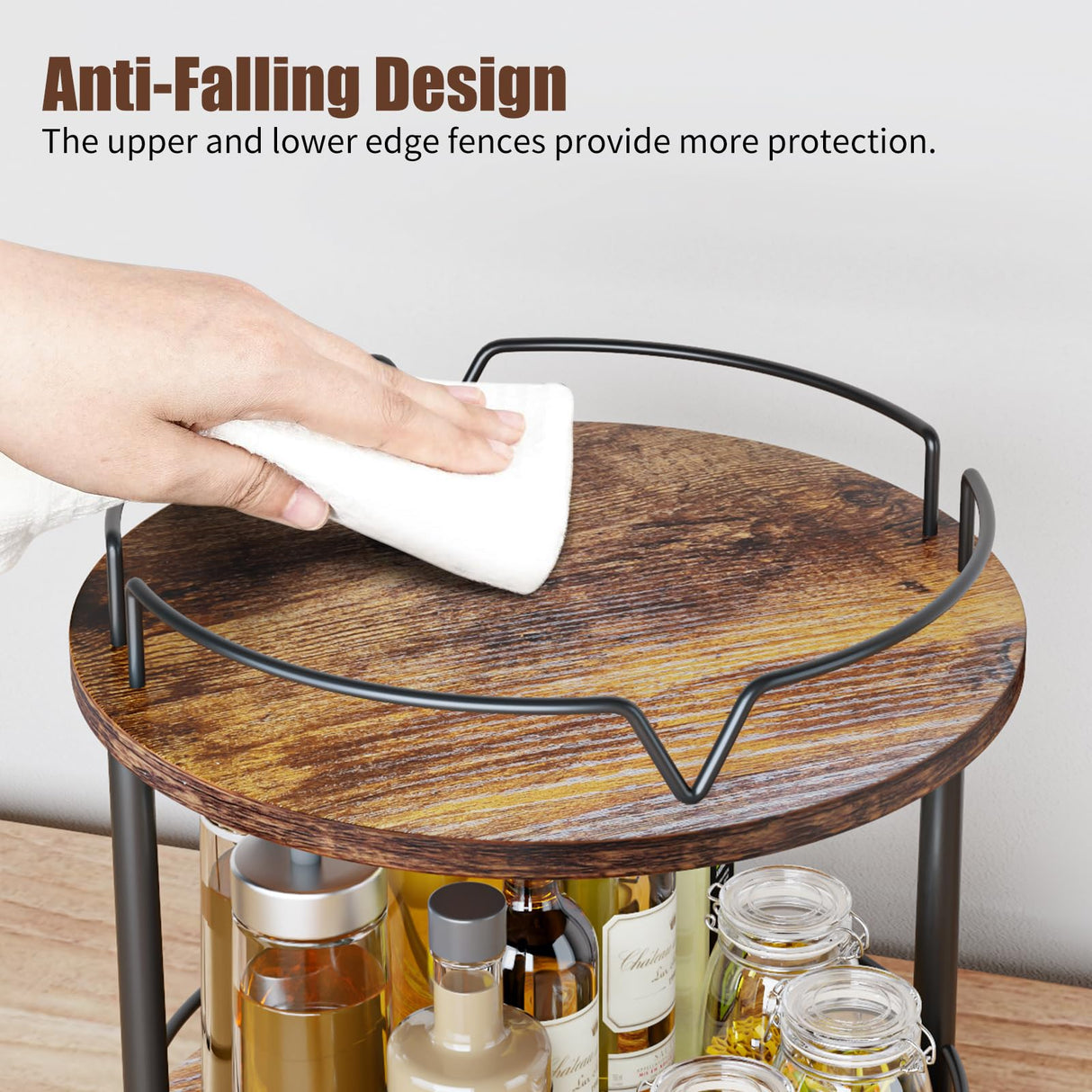 KLM 12" Wood Lazy Susan, Rotating Spice Rack, 2 Tier Spice Turntable Organizer, Industrial Turntable Spice Holder, for Kitchen Countertop and Cabinet, Compact and Versatile, Rustic Brown KLM