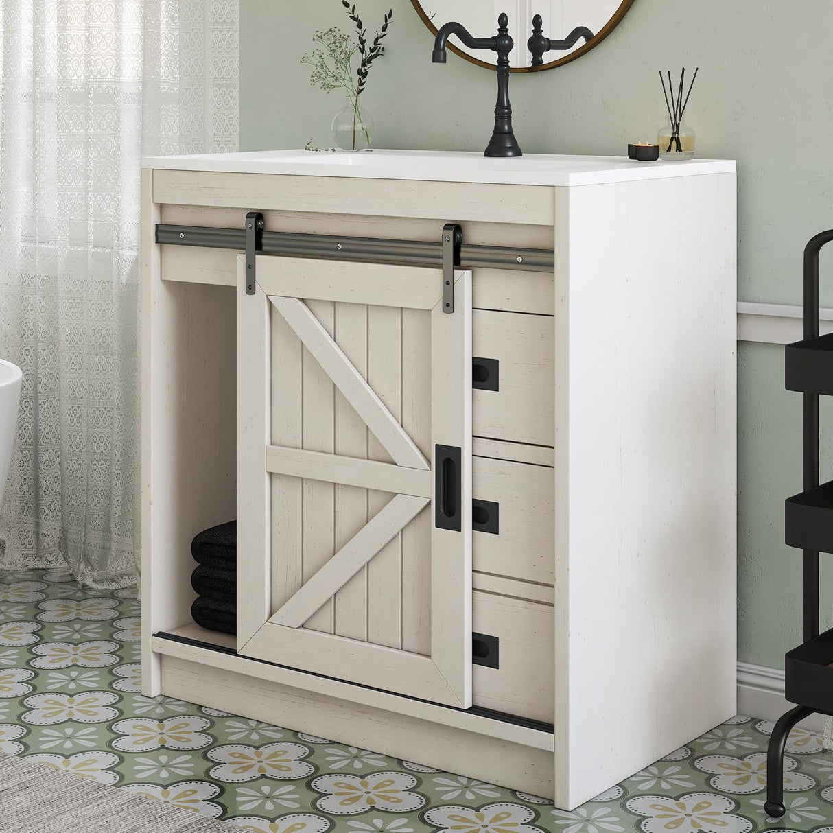LUXOAK 31" Farmhouse Sliding Barn Door Bathroom Vanity with Sink Combo, Bathroom Vanity Cabinet with Drawers & Metal Handles, Freestanding, Distressed White LUXOAK