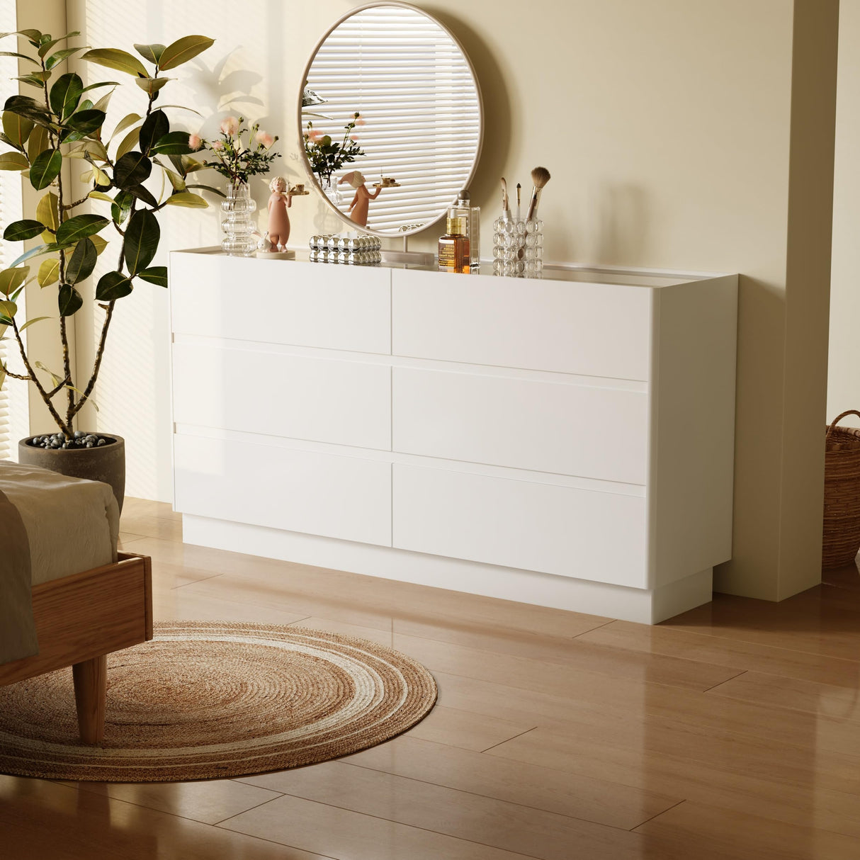 Alorksi 6 Drawer Dresser for Bedroom with Tempered Glass Top, Wide Modern Dresser Organizer with LED Lights, Chest of Drawers for Living Room, Entryway, White Alorksi