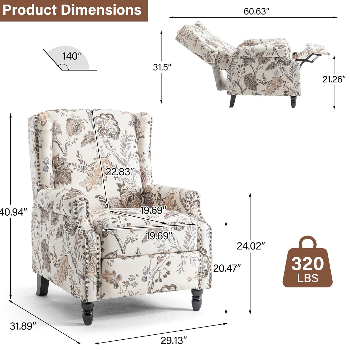 Pushback Recliner Chair, Floral Fabric Wingback Recliner Chair, Upholstered Armchair Push Back Recliner, Rivet Trim Single Sofa Accent Chair with Wood Legs for Living Room, Plants Beige Lumibee