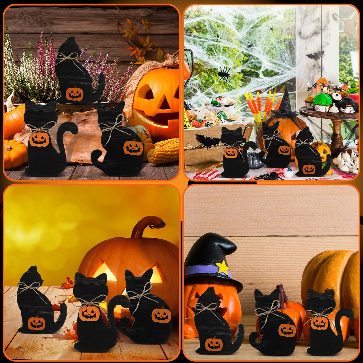 Redbaker 3 Pieces Halloween Black Cat Wooden Table Sign Halloween Tiered Tray Decor Rustic Halloween Tabletop Block Sign Farmhouse Fall Centerpieces for Halloween Home Shelf Party Decor Redbaker