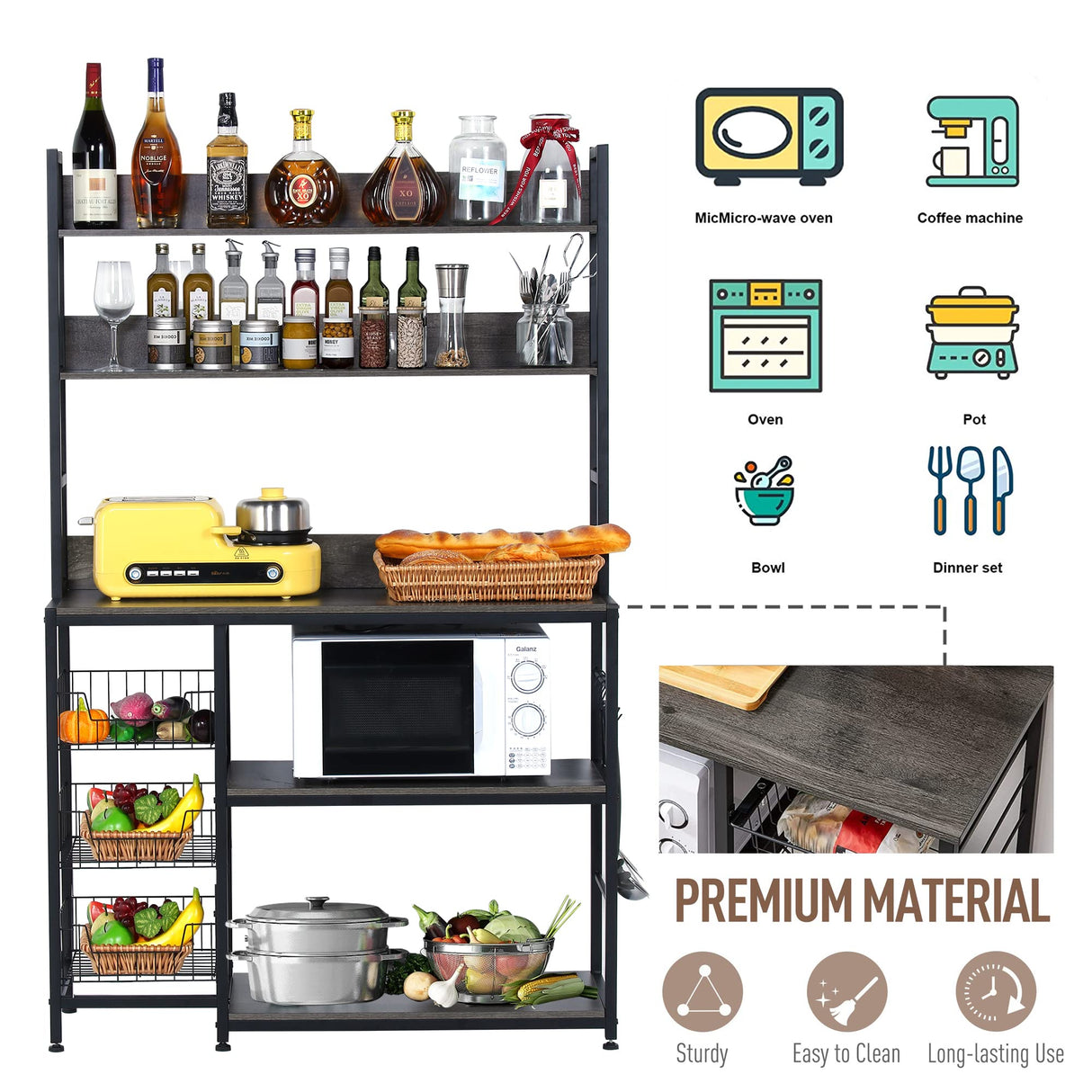 NAIYUFA Kitchen Bakers Rack with Baskets,5-Tier Utility Storage Shelf with Hooks, Microwave Oven Stand Rack, Free Standing Kitchen Shelf Vintage Grey NAIYUFA