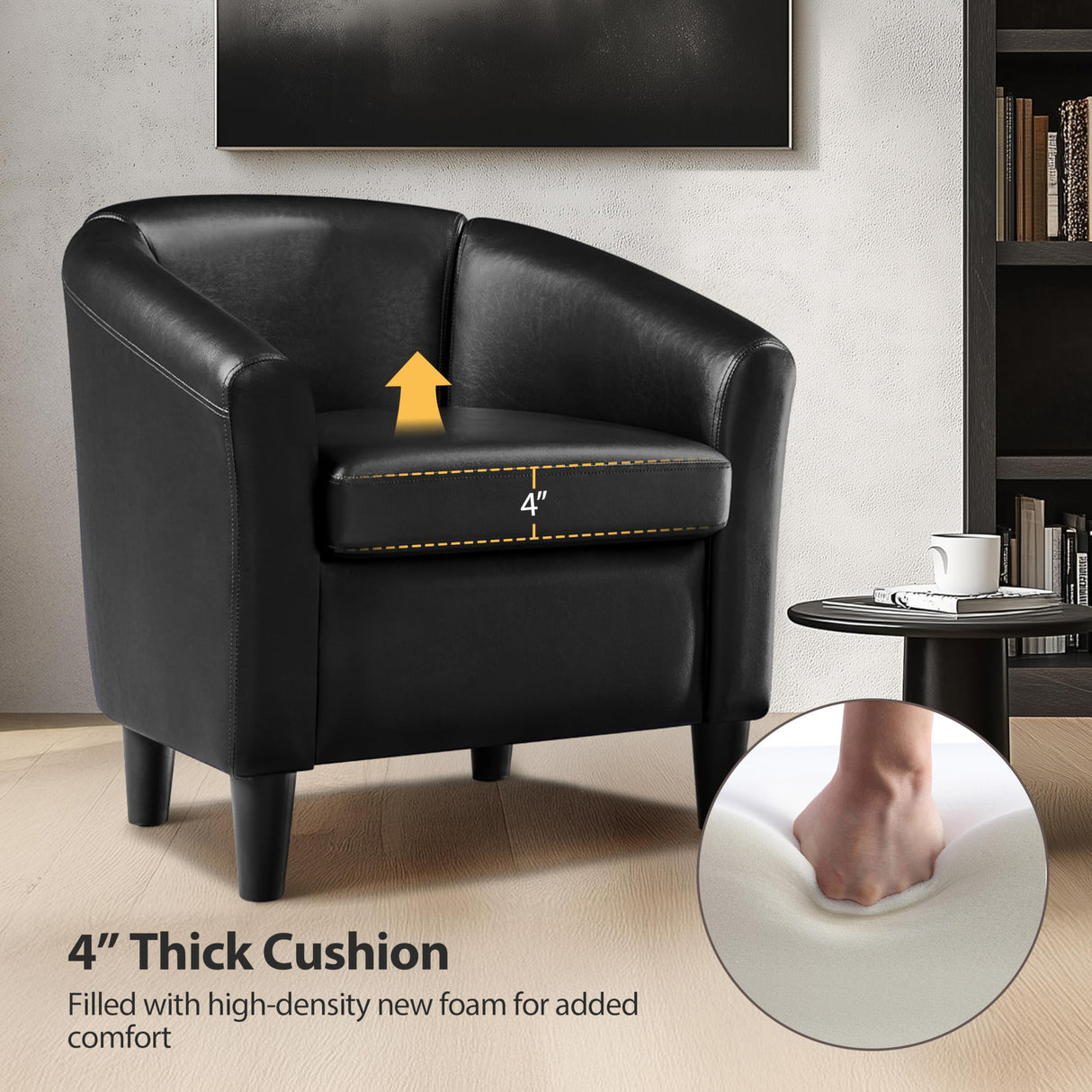 Topeakmart Faux Leather Club Chair, Modern Accent Chair and Cozy Barrel Armchair with Sturdy Legs for Living Room Bedroom Reception Room, Black Topeakmart