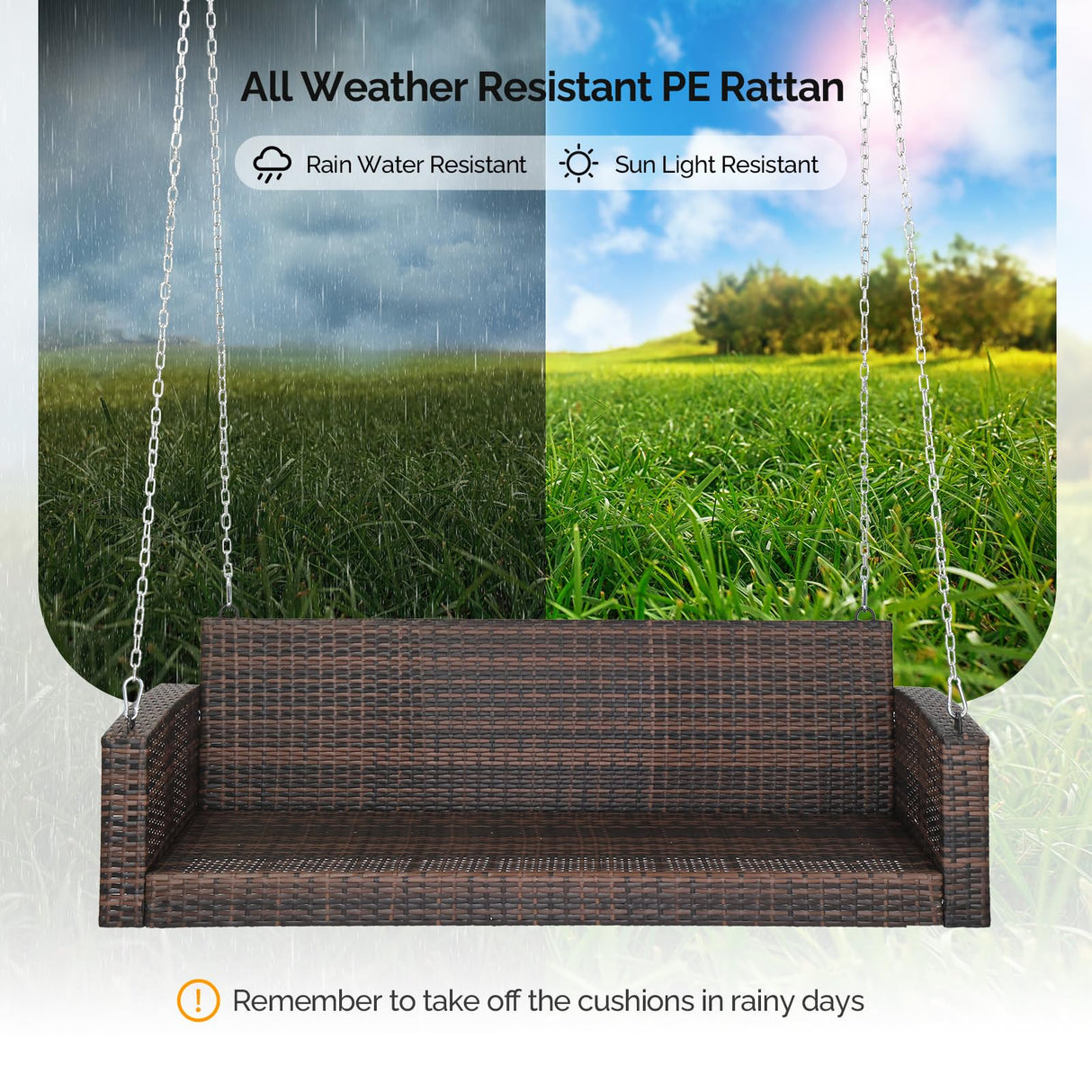 VINGLI Heavy Duty 800 LBS Wicker Hanging Porch Swing with Cushions & Chains, 5FT Outdoor Rattan Swing Bench for Garden, Yard, Lawn (Brown) VINGLI