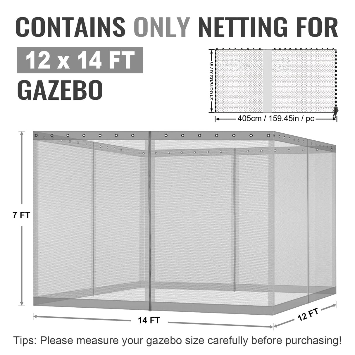 COWVIE Gazebo Replacement Netting Screen, 12' x 14' Universal Gazebo 4-Panel Mosquito Sidewalls with Double Zippers for Outdoor Patio (Only Netting) COWVIE