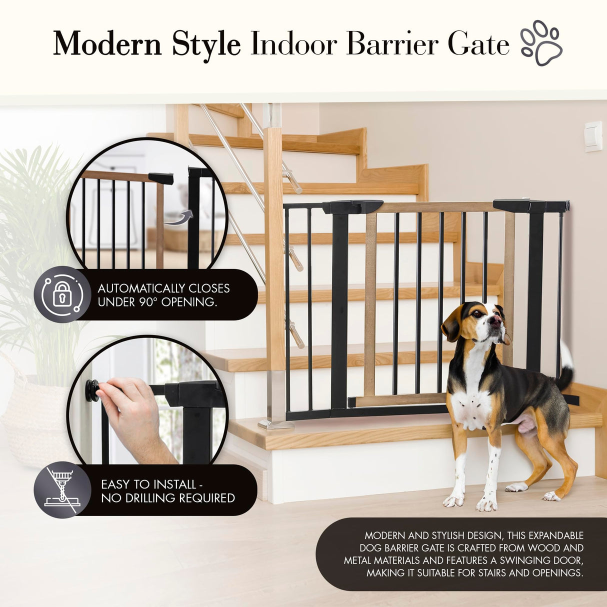 NMN Designs Logan Dog Gate - Indoor Pet Barrier and Wooden Dog Gate with Walk Through Swinging Door - Pressure Mounted for Walls and Stairs - Puppy Gates for The House - Expandable 29.5" to 51.5" NMN Designs
