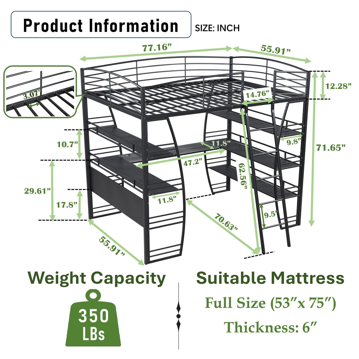 DNYN Full Size Loft Bed with Desk & Shelves & Sockets & USB Ports & Wireless Charging Design,Sturdy Metal Bedframe w/Ladder & Safety Guardrails,Perfect for Dorm,Bedroom,Guest Room, Black DNYN