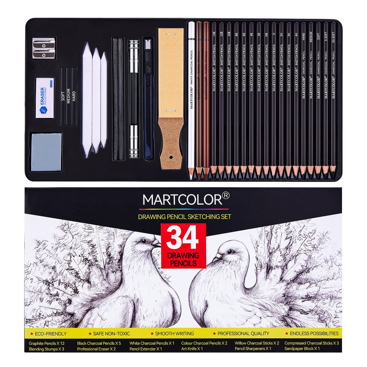 MARTCOLOR Drawing Sketching Pencils Set, 34 Pieces Pro Art Pencil Kit - Graphite Pencils (14B-4H), Charcoal Pencils, Charcoal Sticks, Artist Pencils for Beginners & Pro Artists MARTCOLOR