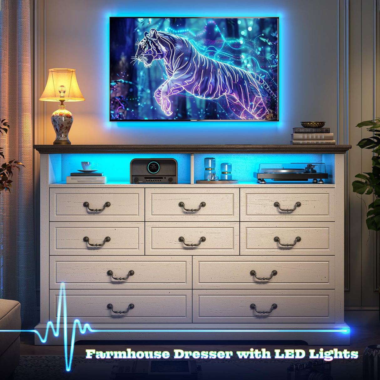 Romorgniz 10 Drawer White Dresser for Bedroom, Large Farmhouse Dresser with LED Lights & Charging Station for Bedroom Romorgniz