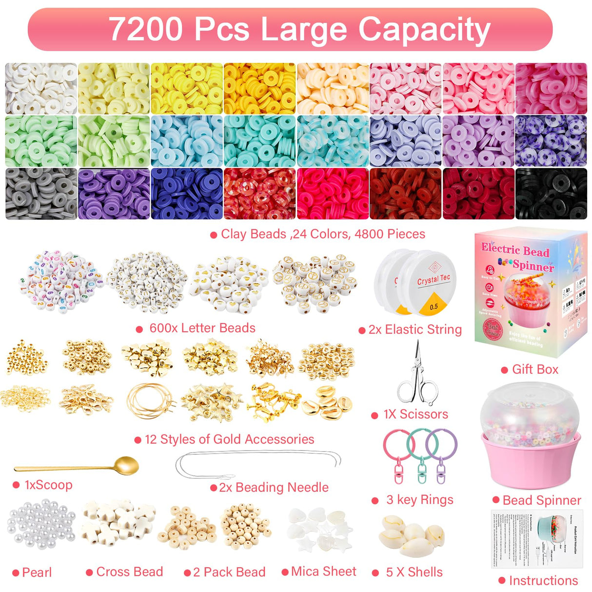 Hicdaw All-in-One Electric Bead Spinner with 7200 PCS Clay Beads for Necklaces and Bracelets, Efficient Jewelry Making Kit, Perfect Craft Gift for Teens Adults, Easy Operation, Quick Results, Pink Hicdaw