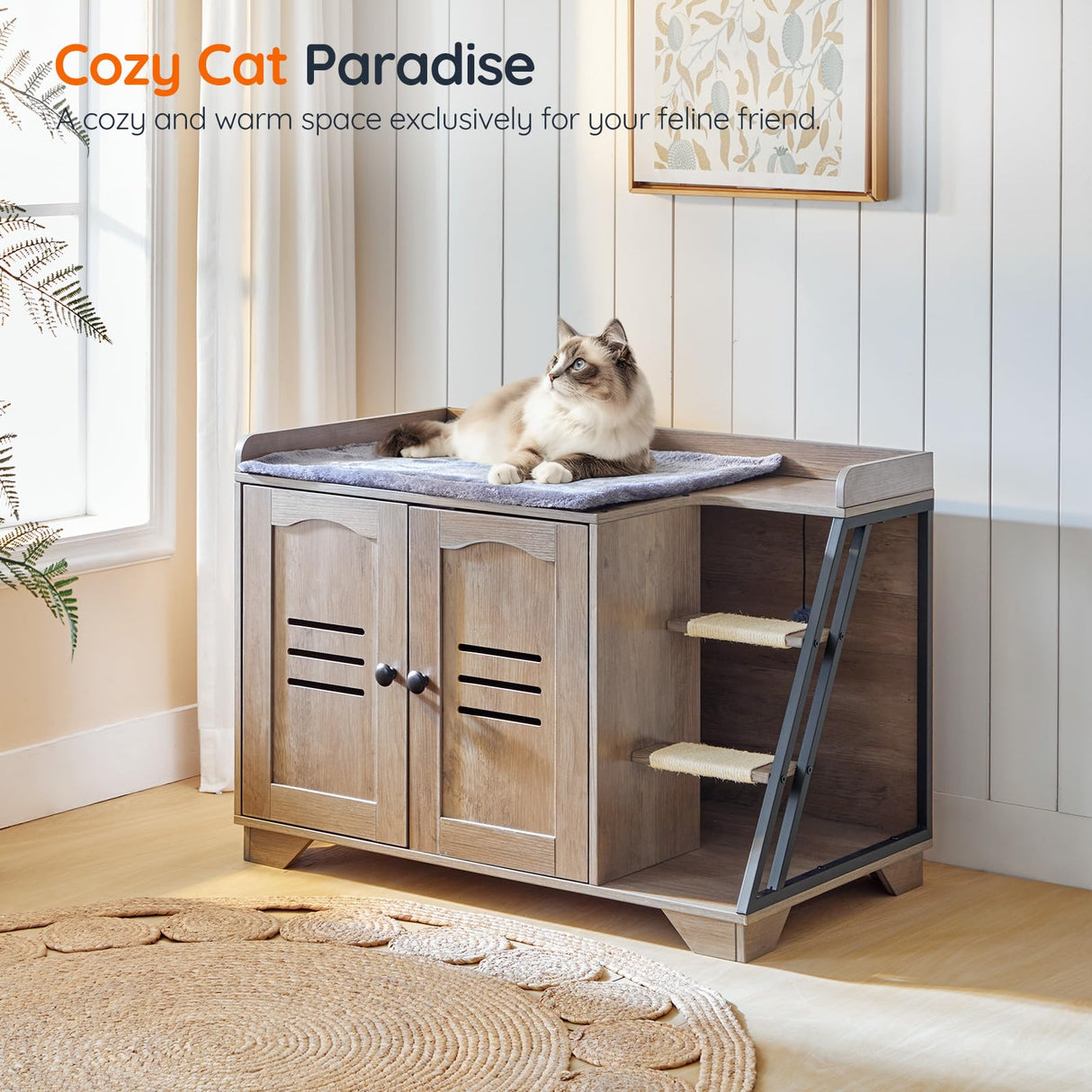 HOOBRO Cat Litter Box Enclosure with Ladder, Hidden Litter Box Furniture with Rechargeable 3-Color LED, Plush, Teaser Balls, 31.5" L x 18.9" W x 22.4" H, All-in-One, Black and Greige BG48MW01G1 HOOBRO