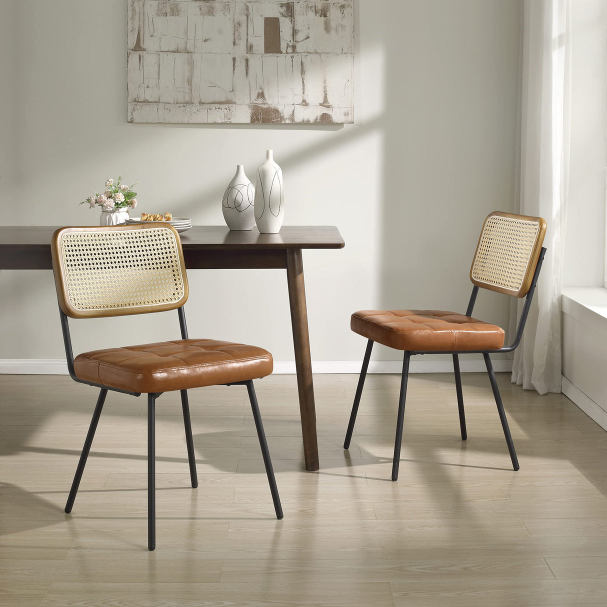 Art Leon Rattan Dining Chairs, Set of 2, Rubber Wood Frame, Mid Century Modern Dining Room Chairs with Rattan Woven Back, Faux Leather Upholstered Kitchen Chairs with Black Metal Legs, Yellow Brown Art Leon