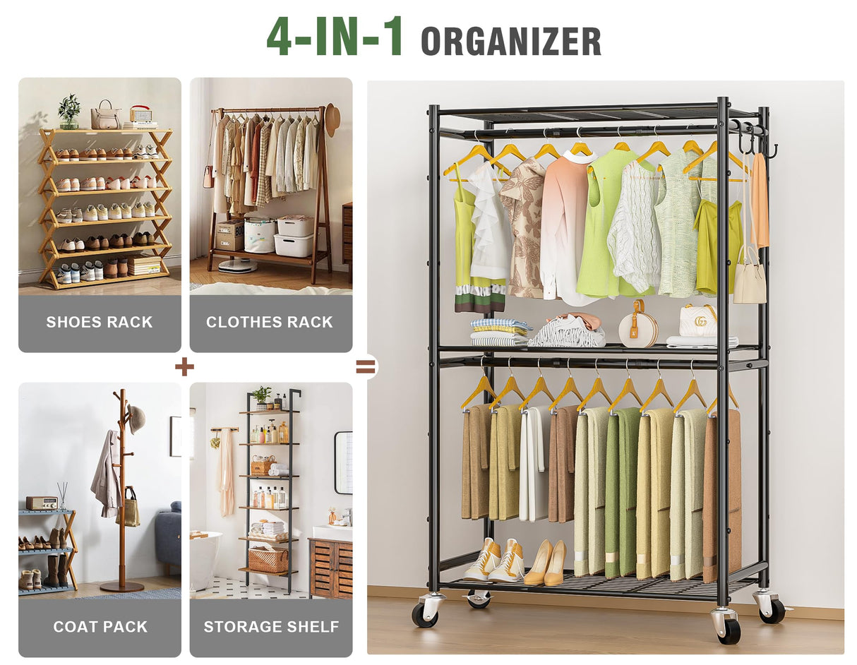 Neatrays Rolling Clothes Rack for Hanging Clothes, Metal Clothing Garment Rack with Double Rods & 3 Wire Shelves, Portable Wardrobe Closet with Wheels Neatrays