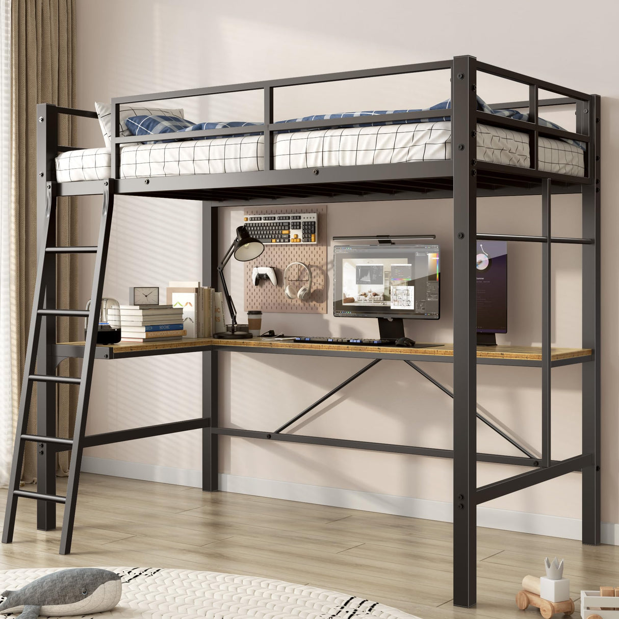 SogesSleep Loft Bed Twin Size with L-Shaped Desk, Heavy Duty Metal Twin Loft Bed with Charging Station, Safety Guard & Ladder, Space-Saving, No Box Spring Needed SogesSleep