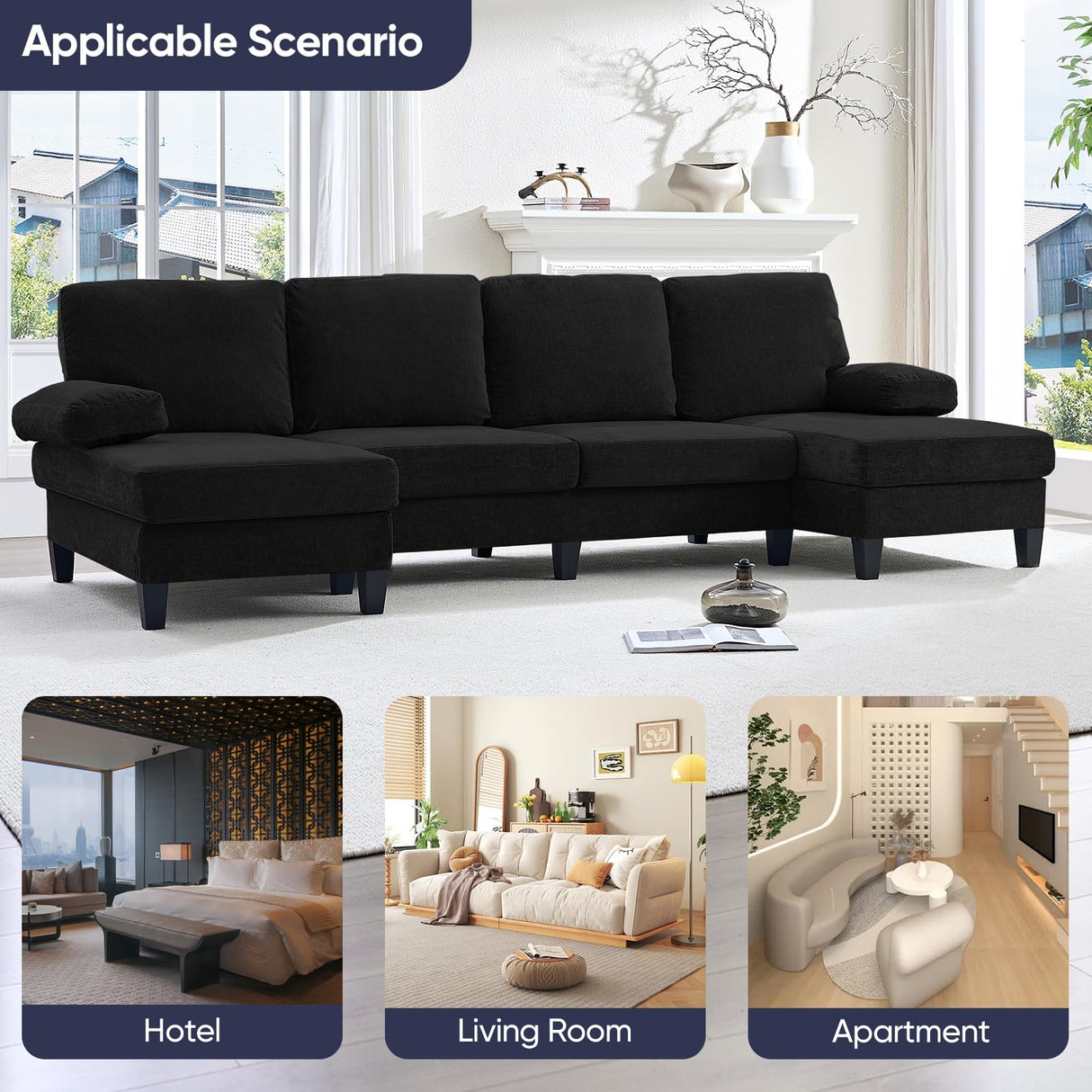 ijuicy 110" U Shaped Couch with Double Chaises, Sectional Couches for Living Room with Sleepable Armrest, 4 Seater Sofa Set/Sectional Sofa, Living Room Furniture (Chenille, Black) ijuicy