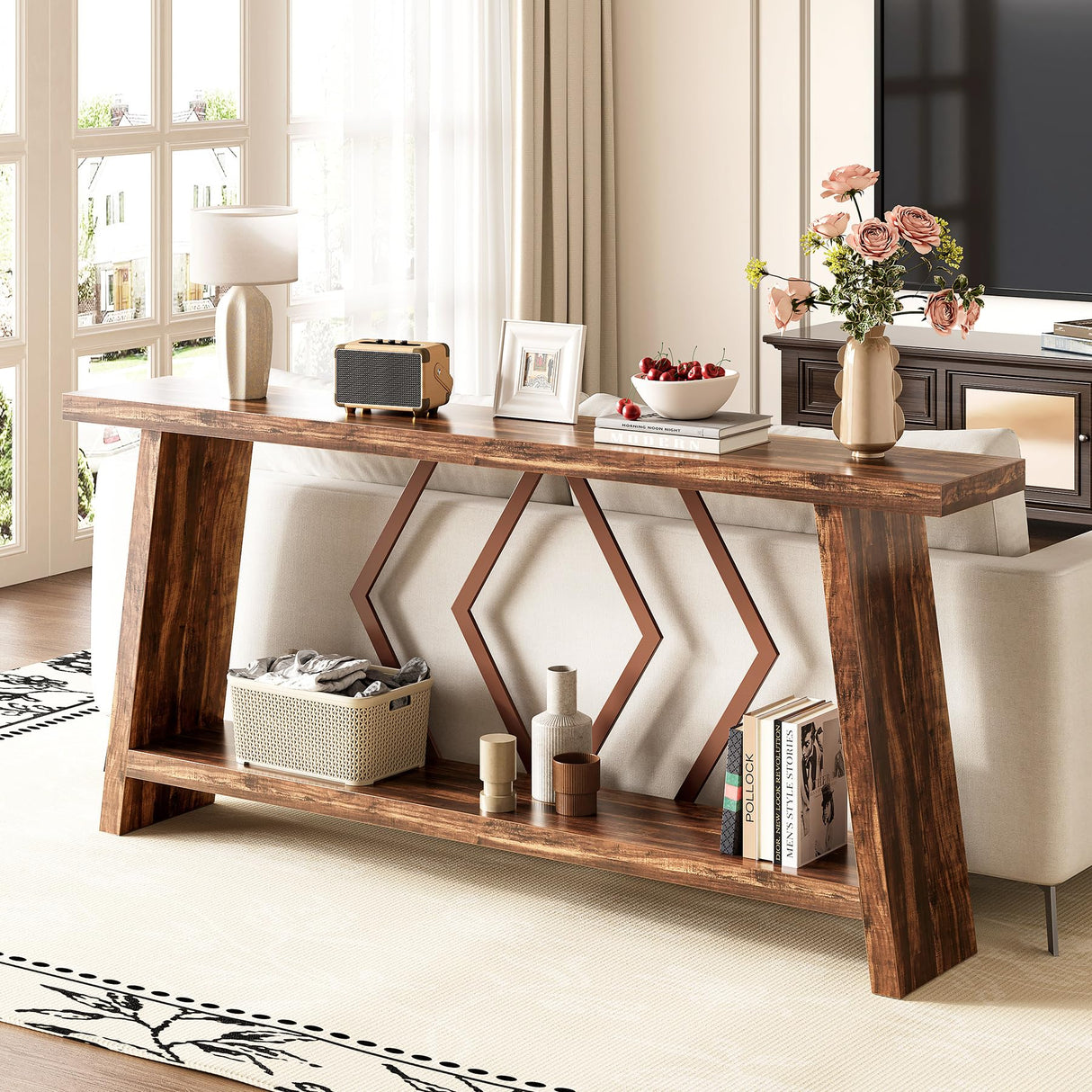 LITTLE TREE 70.9-Inch Console Table, Long Sofa Table Behind Couch, Farmhouse Wood Console Table with Storage Shelf for Entryway, Living Room, Hallway LITTLE TREE