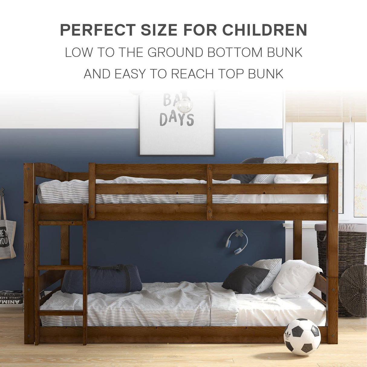 DHP Phoenix Convertible Low Wood Floor Bunk Bed, Stackable and Detachable Bed Frames for Kids, Solid Wood, with Ladder, High Guardrail, Wood Slats, No Boxspring Required, Full-Over-Full, Mocha DHP