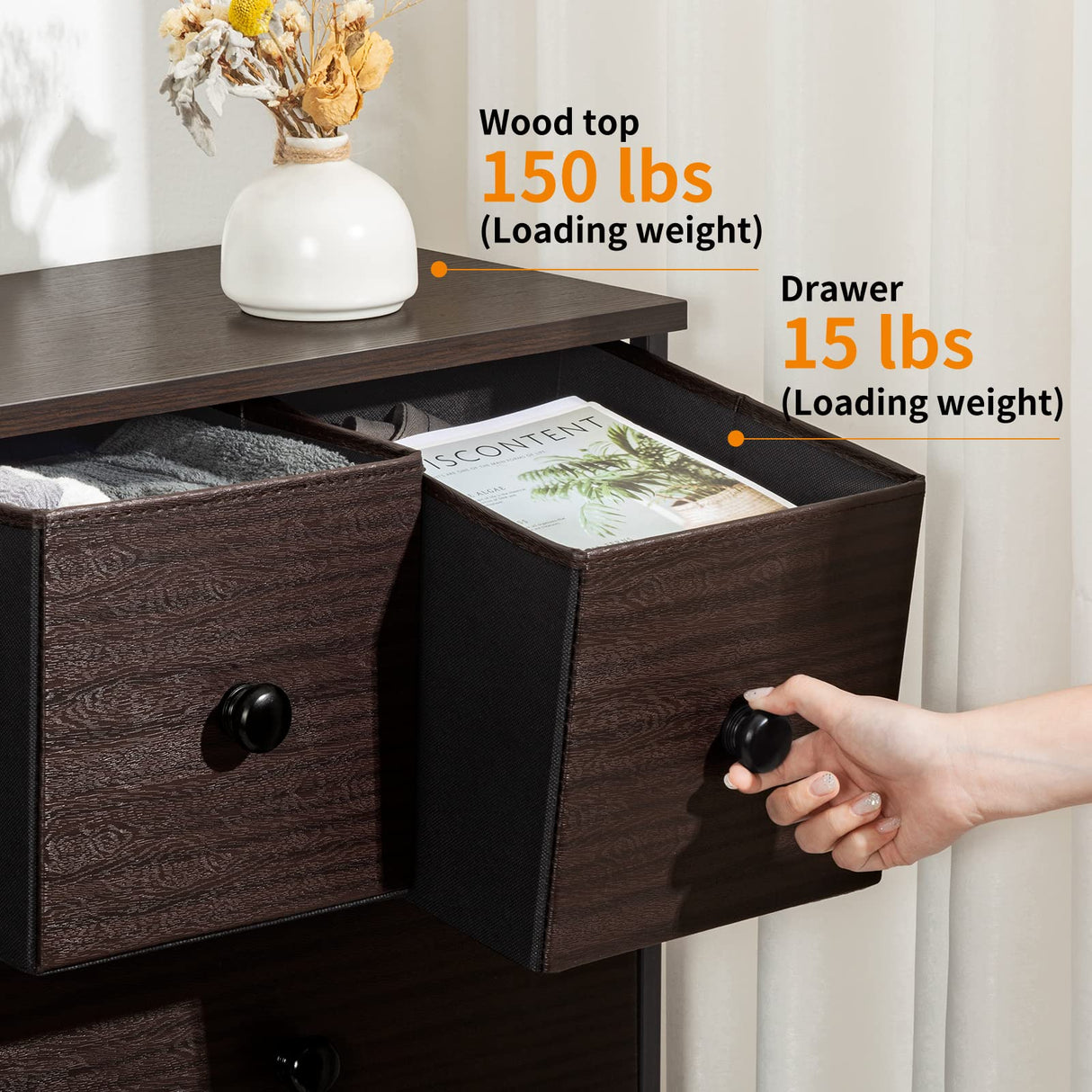 REAHOME 10 Drawer Dresser for Bedroom Faux Leather Chest of Drawers Fabric Dresser with Wooden Top Storage Organizer Unit for Living Room Hallway Entryway Closets (Rustic Brown) REAHOME