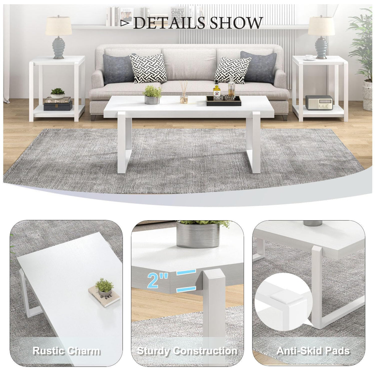 FOLUBAN White Coffee Table, Modern Rustic Wood and Metal Center Table, Rectangle Cocktail Tea Table for Living Room, 47 Inch FOLUBAN