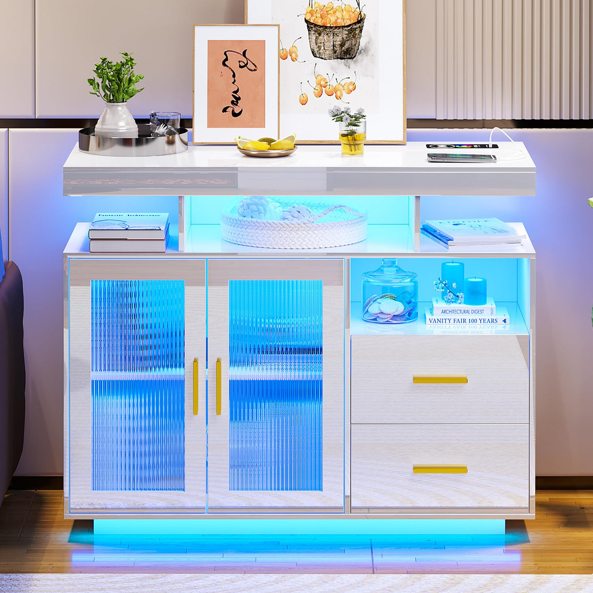 WOOVIVS 39.4" Modern LED Sideboard Buffet Cabinet with Wireless Charging Station, High Gloss Entrance Cabinet with Motion Sensor Light, Coffee Bar Cabinet for Dining Room, Kitchen, Hallway (White) WOOVIVS