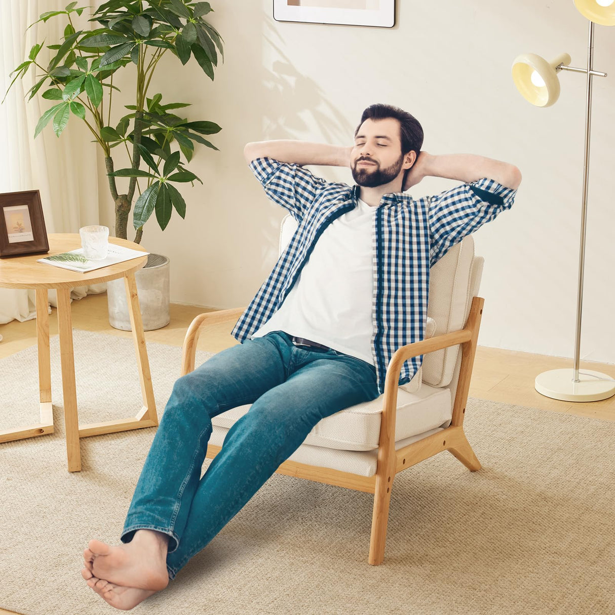 Bonnlo Coarse Beige Accent Chairs Set of 2, Upholstered Mid Century Modern Lounge Fabric Chairs Reading Chairs Side Sitting Chair Solid Wood Bonnlo