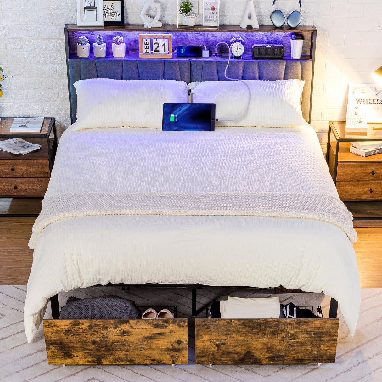 COMHOMA Platform Bed Frame with LED Lights and Charging Station, Storage Headboard and Footboard Drawers, No Box Spring Needed, Rustic Wood Look (Queen) COMHOMA