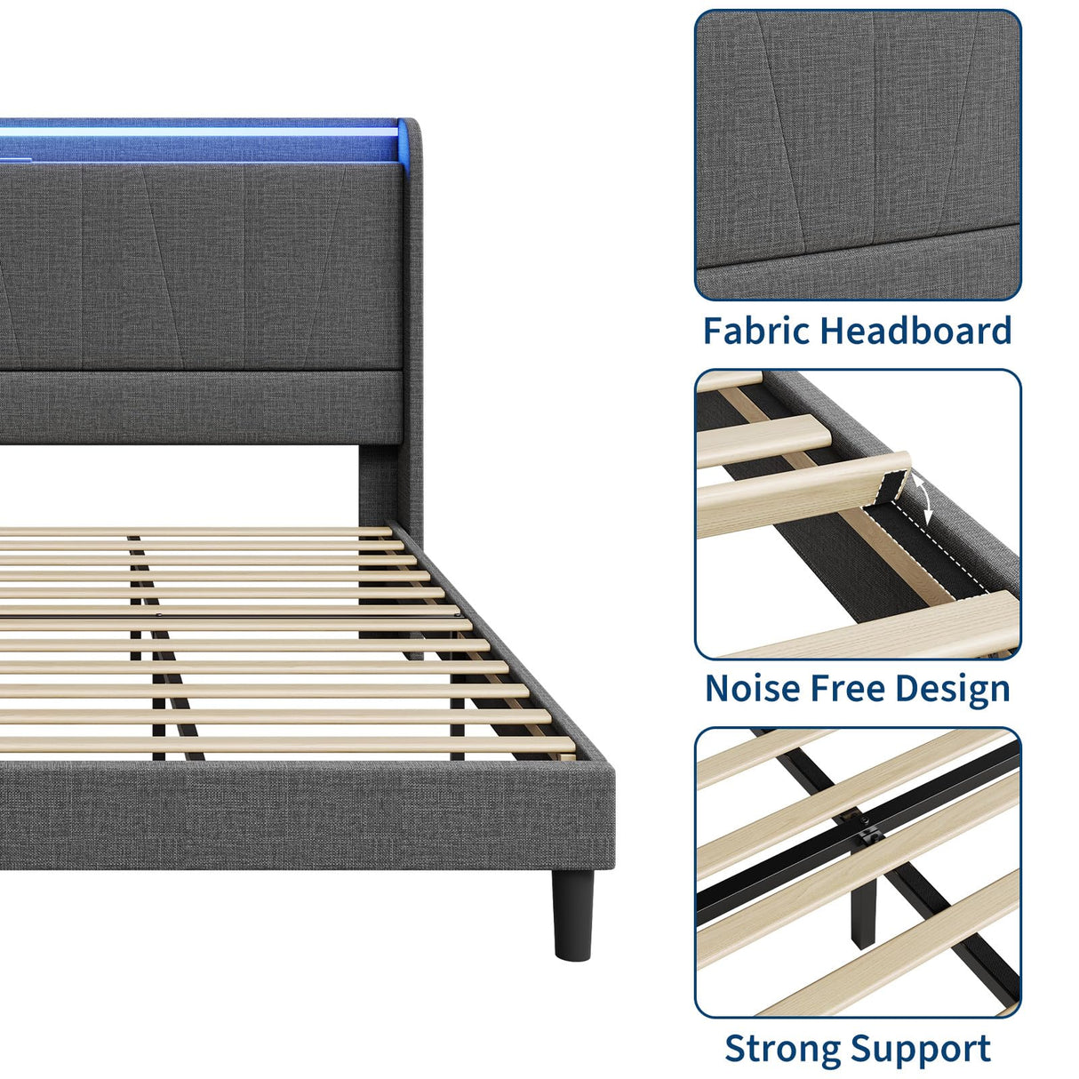 SLEKVERSA Queen Size Bed Frame with LED Lights and Charging Station, Fabric Upholstered Platform Queen Bed Frame with Headboard, No Box Spring Needed Bedframe, Noise Free, Easy Assembly, Gray SLEKVERSA