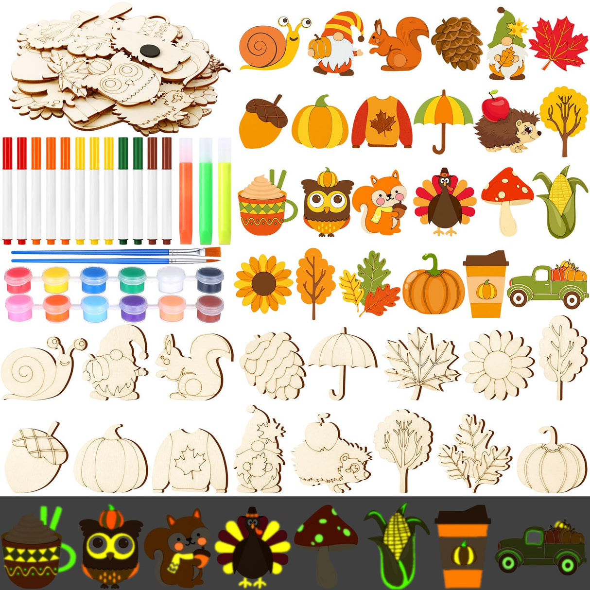 Relaxweex 24 Pcs Fall DIY Wooden Magnets, Thanksgiving Autumn Wood Painting Art Crafts, Pumpkin Fridge Magnets Craft Kits for Activities Gifts Home Party Relaxweex
